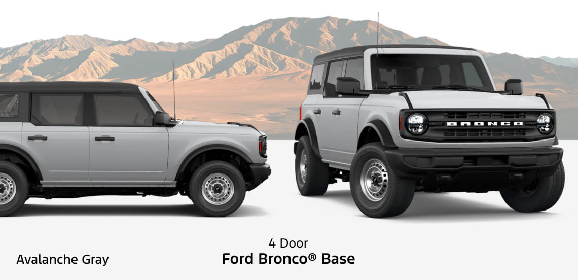 Side profile and front three-quarter view of a 2026 Ford Bronco 4-Door Base in Avalanche Gray.