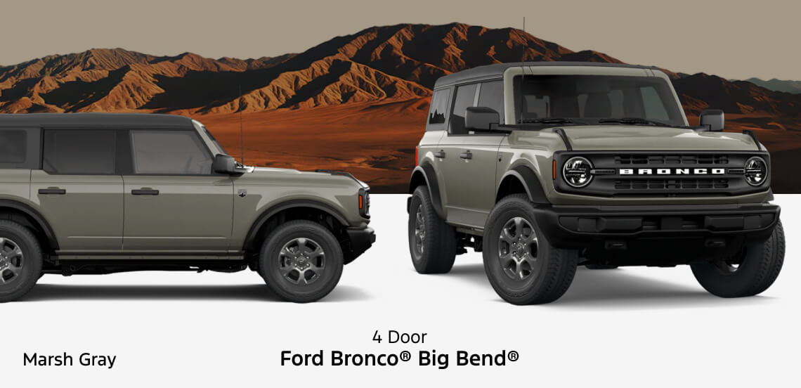Side profile and front three-quarter view of a 2026 Ford Bronco 4-Door Big Bend in Marsh Gray.