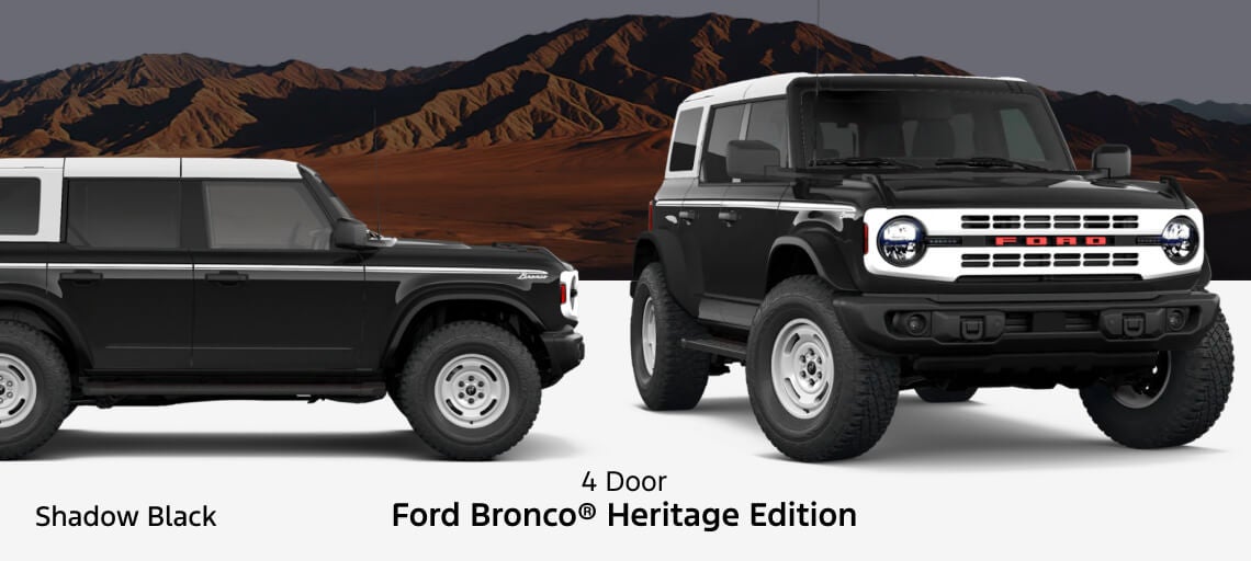 Side profile and front three-quarter view of a 2026 Ford Bronco 4-Door Heritage Edition in Shadow Black.