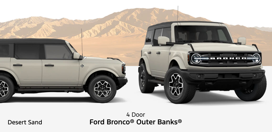 Side profile and front three-quarter view of a 2026 Ford Bronco 4-Door Outer Banks in Desert Sand.