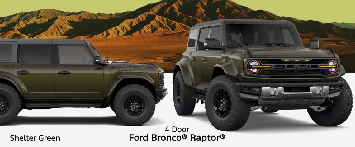 Side profile and front three-quarter view of a 2026 Ford Bronco 4-Door Raptor in Shelter Green.