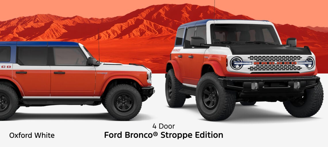 Side profile and front three-quarter view of a 2026 Ford Bronco Stroppe Edition in tri-tone.