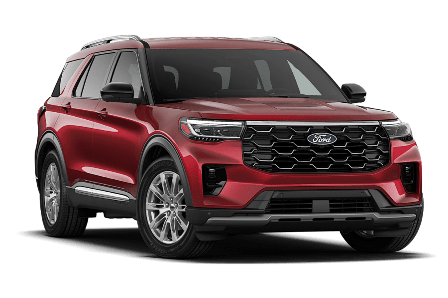 2027 Ford Explorer Platinum in Ruby Red Metallic Tinted Clearcoat in three quarter angle.