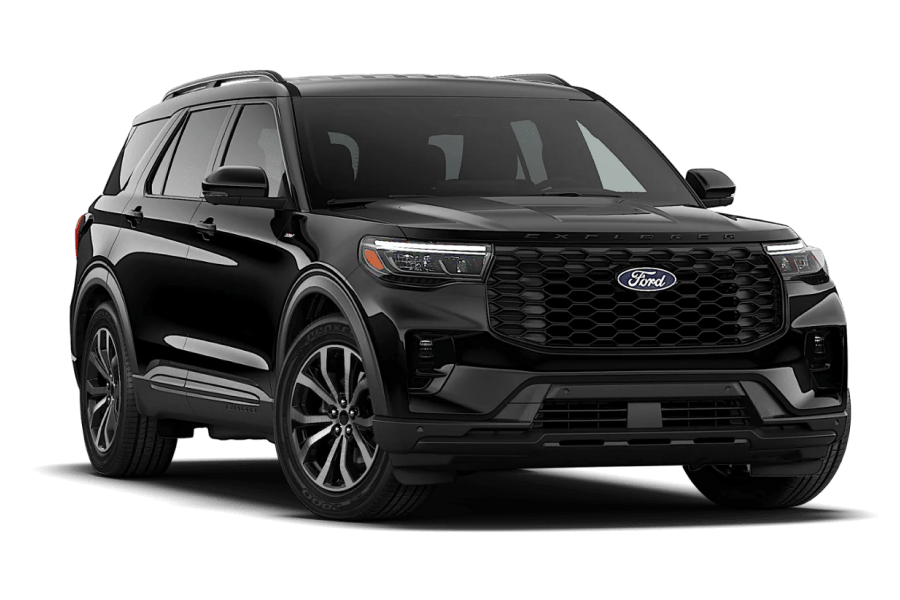 2027 Ford Explorer ST-Line in Agate Black Metallic in three quarter angle.