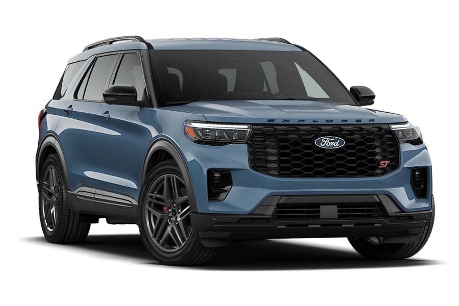 2027 Ford Explorer ST in Vapor Blue Metallic in three quarter angle.