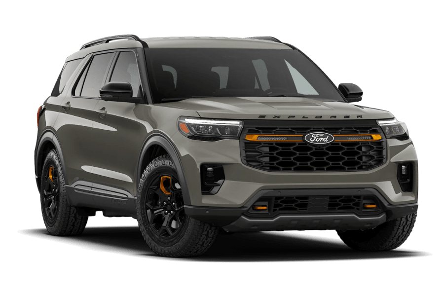 2027 Ford Explorer Tremor in Marsh Gray in three quarter angle.