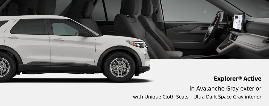 Composite studio view 2027 Ford Explorer Active in Avalanche Gray featuring exterior side profile and Ultra Dark Space Gray cloth interior.