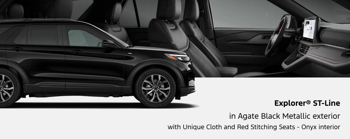 Composite studio view 2027 Ford Explorer ST-Line in Agate Black Metallic featuring exterior side profile and Onyx cloth interior with Red Stitching.