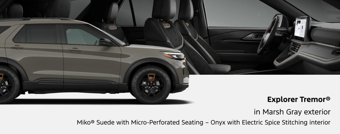 Composite studio view 2027 Ford Explorer Tremor in Marsh Gray featuring exterior side profile and Onyx Miko Suede interior with Electric Spice Stitching.
