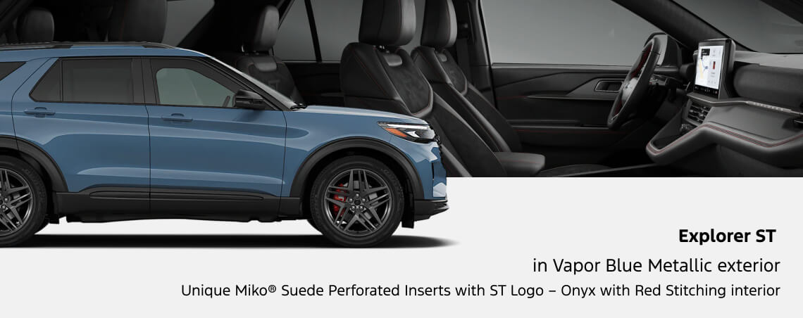 Composite studio view 2027 Ford Explorer ST in Vapor Blue Metallic featuring exterior side profile and Onyx Miko Suede interior with red accent Stitching.