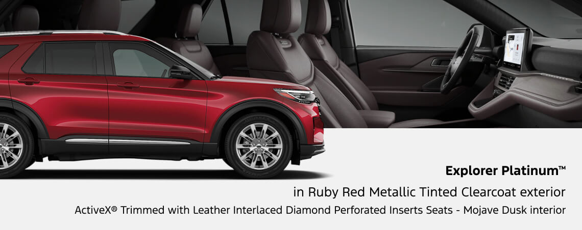 Composite studio view 2027 Ford Explorer Platinum in Ruby Red Metallic Tinted Clearcoat featuring exterior side profile and Mojave Dusk leather interior with diamond-perforated seats.