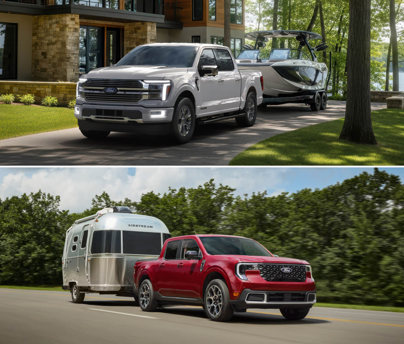 A white Ford F-150 tows a boat in a driveway. A red Ford Maverick tows a camper trailer on a highway.