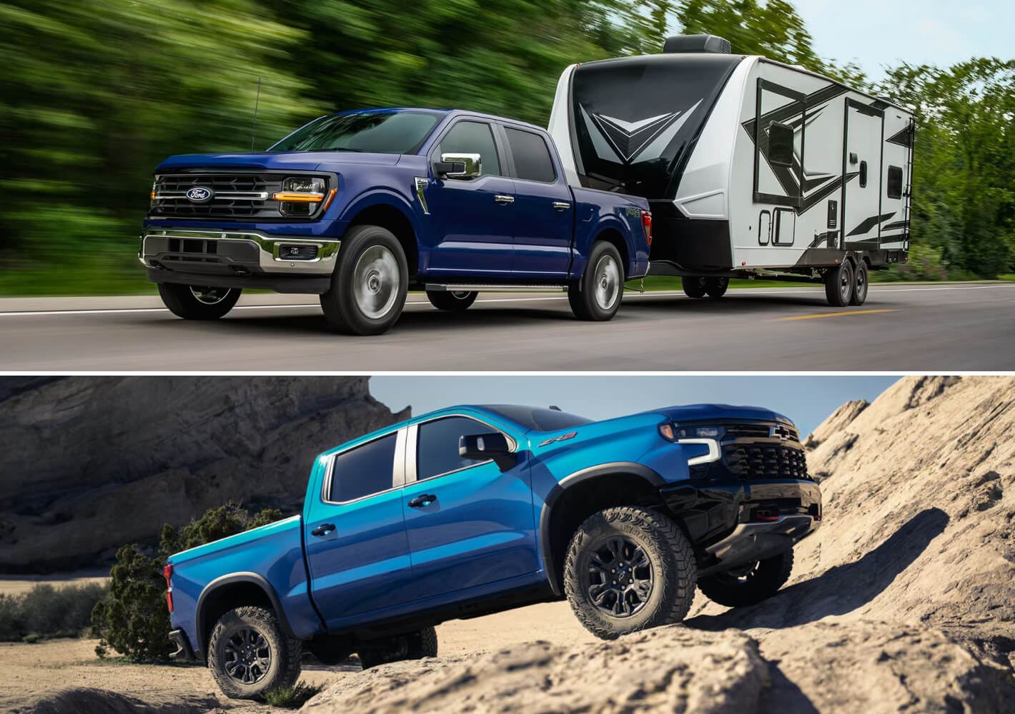 A blue Ford F-150 tows a camper trailer. A Blue Chevy Silverado offroads on rocky terrain.