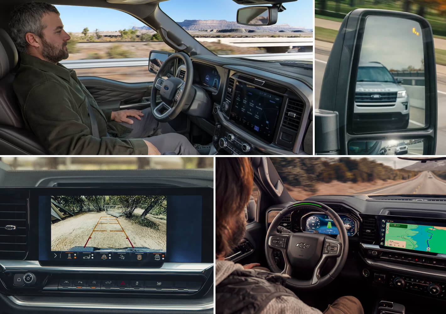 A collage of Ford F-150 and Chevy Silverado interior safety features.